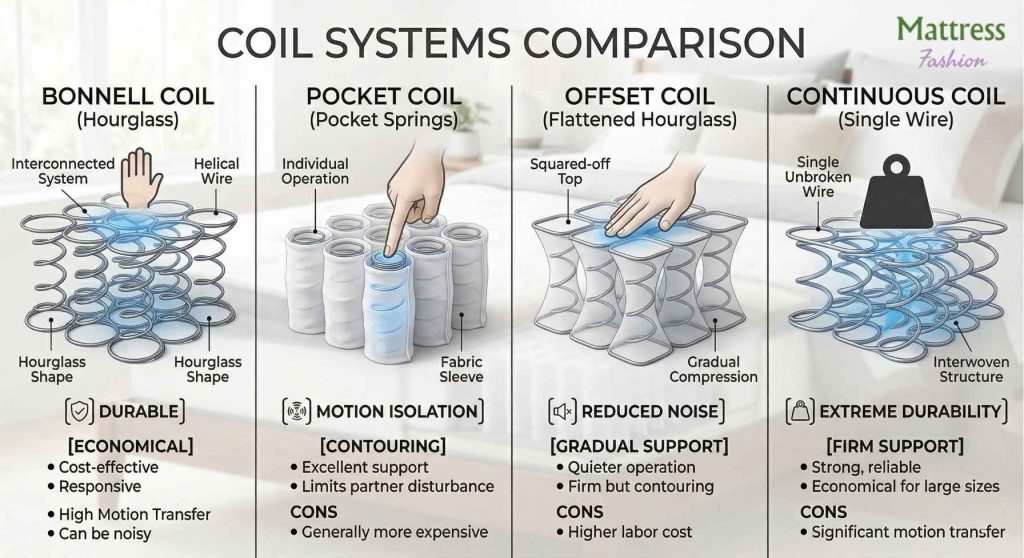 Comparison of Bonnell, Pocket, Offset, and Continuous mattress coils.